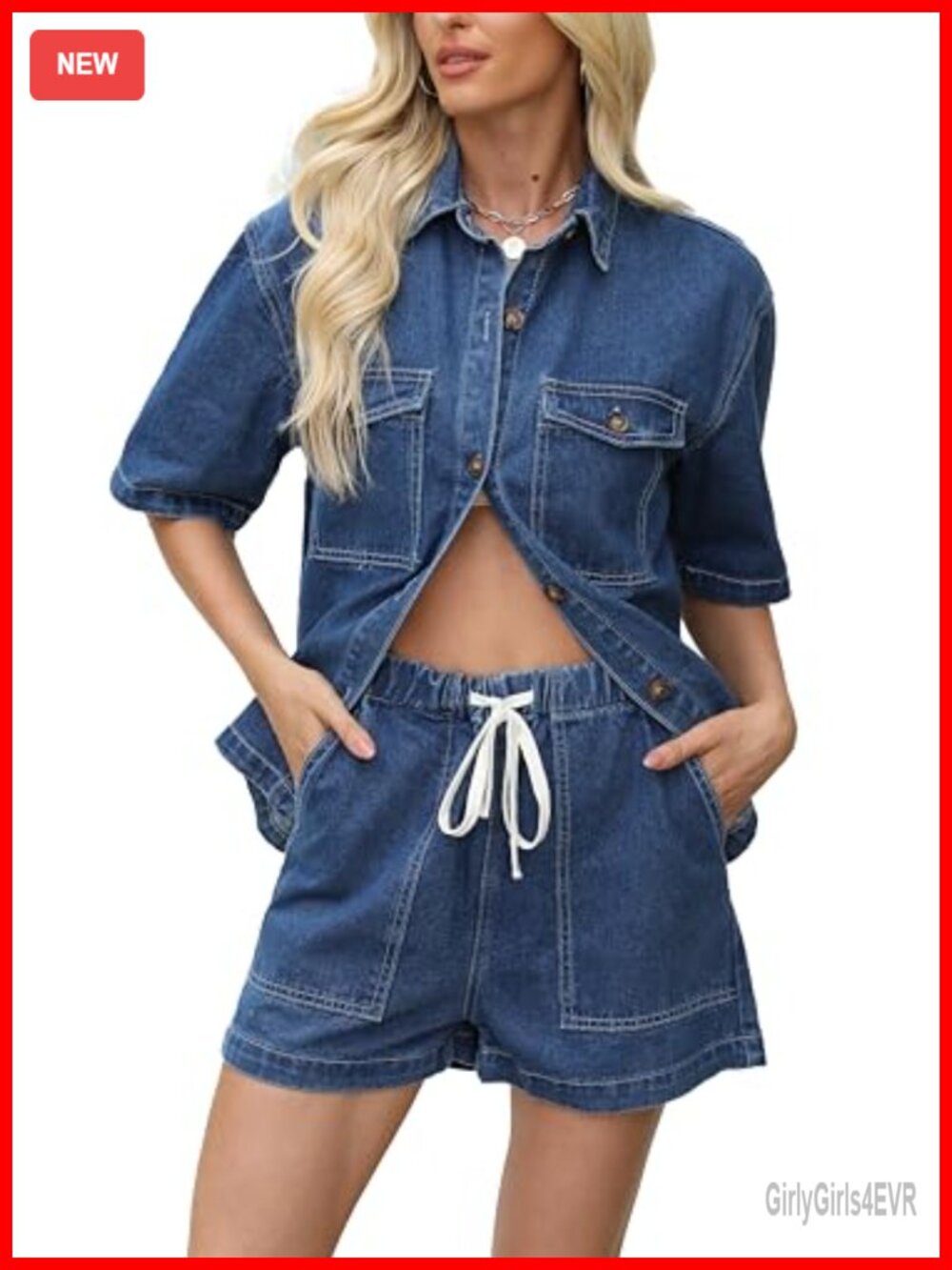 Women's Denim 2 Piece Set Button Down Shirt High Waist Shorts Matching Jean